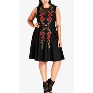 City Chic NWOT Black Rose Embroidered Sleeveless Dress 18